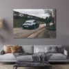 Modern living room interior, gray sofa on dark empty wall mockup Photo Moody Porsche Carrera