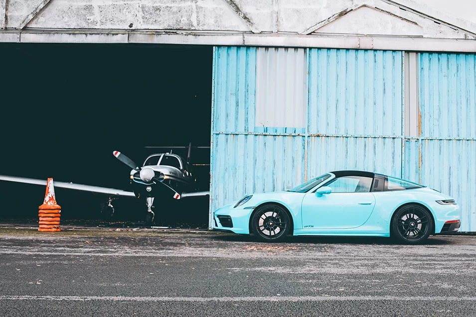 Photographie Porsche Targa bleue eclatante, tirage art automobile edition limitee