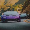 Photographie Lamborghini Party Photographie artistique d'un convoi de Lamborghini sur route sinueuse de montagne, avec une Huracán violette en premier plan suivie de plusieurs supercars italiennes