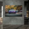 Photographies Lamborghini Party Photographie artistique d'un convoi de Lamborghini sur route sinueuse de montagne, avec une Huracán violette en premier plan suivie de plusieurs supercars italiennes