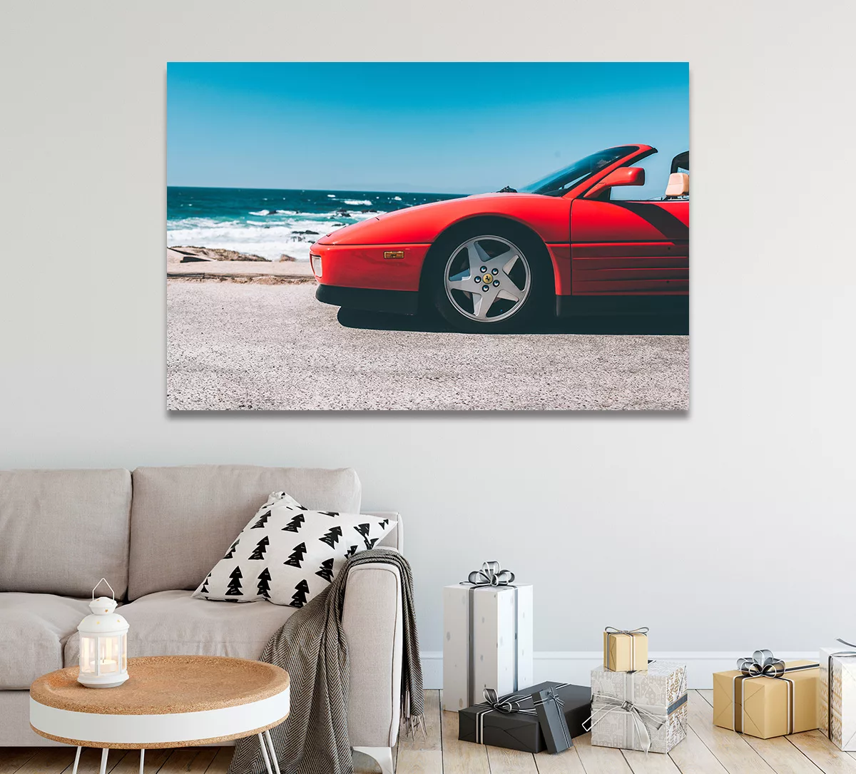 Photographie fine art d'une Ferrari Testarossa rouge au bord du Pacifique, tirage d'art automobile en édition limitée
