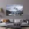 Photographie d'art du glacier Svinafellsjökull en Islande, teintes bleu turquoise et montagnes brumeuses,