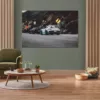 Green wall background, minimalist sofa, marble pattern wooden so Photo déco murale de Porsche GT3 RS blanche avec jantes turquoise et Bugatti Chiron noire sur route de canyon, parfaite pour décoration intérieure automobile de luxe