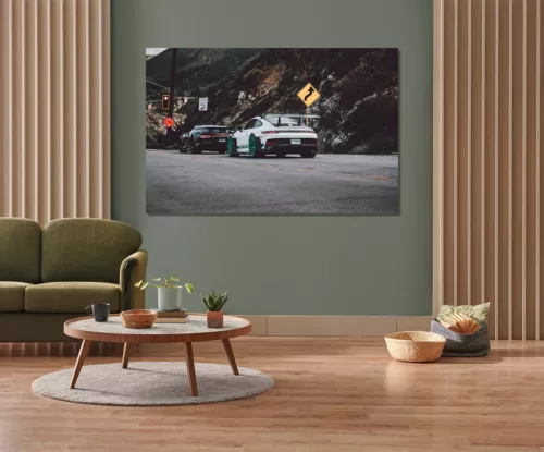 Green wall background, minimalist sofa, marble pattern wooden so Photo déco murale de Porsche GT3 RS blanche avec jantes turquoise et Bugatti Chiron noire sur route de canyon, parfaite pour décoration intérieure automobile de luxe