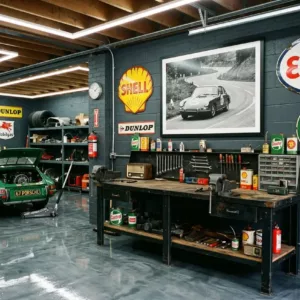 Ambiance de garage automobile vintage: voiture verte au fond, établi métallique, affiches et enseignes publicitaires rétro sur les murs, néons et objets d’atelier créant une déco garage automobile.