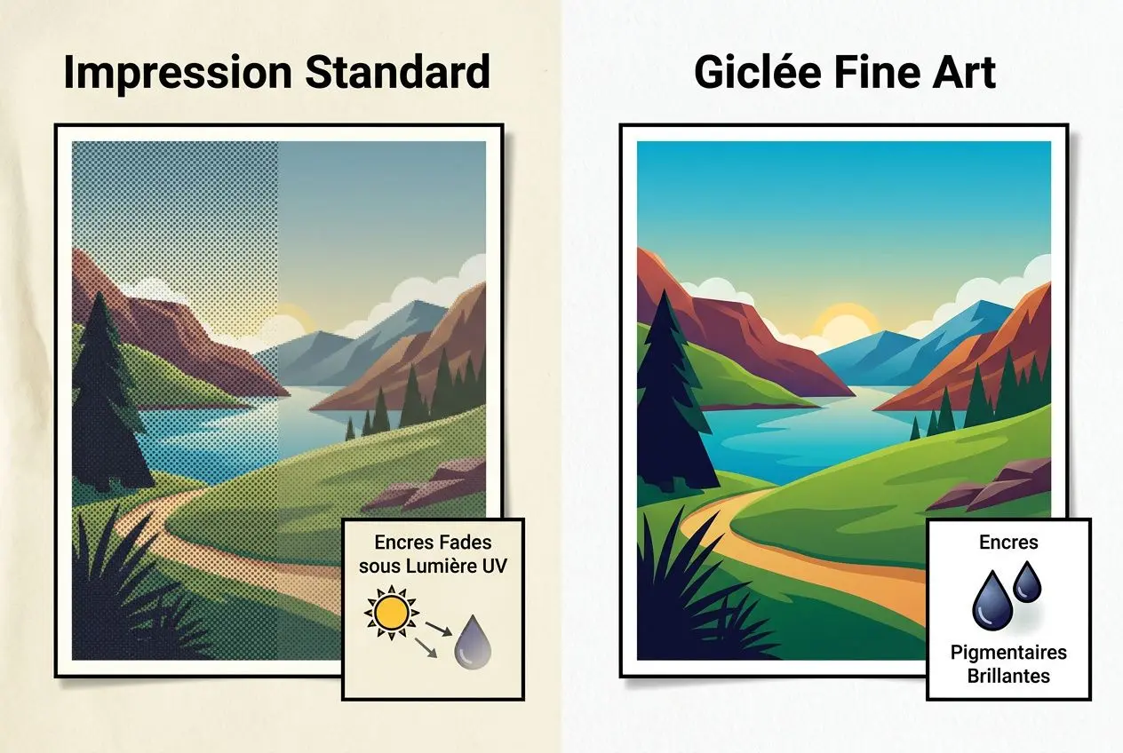 Impression standard et Giclée Fine Art: paysage alpin avec lac, soleil, et arbres; contrastes de couleurs vives pour la Giclée Fine Art, encres pigmentaires brillantes