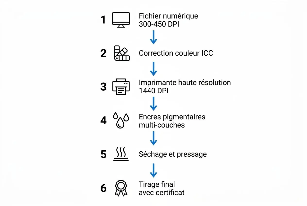 Processus de tirage d'art définition: étape par étape, de fichier numérique à tirage final certifié, incluant correction couleur ICC et encres pigmentaires multi-couches.