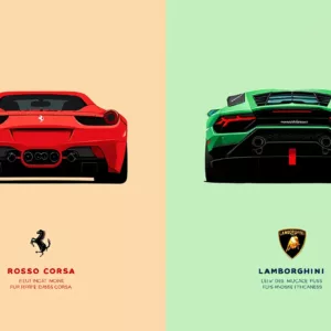 Deux voitures pique-à-jour: Ferrari rouge côté gauche et Lamborghini verte côté droit, vues arrière détaillées.