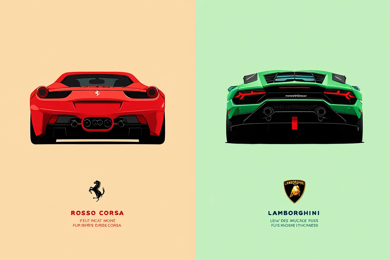 Deux voitures pique-à-jour: Ferrari rouge côté gauche et Lamborghini verte côté droit, vues arrière détaillées.