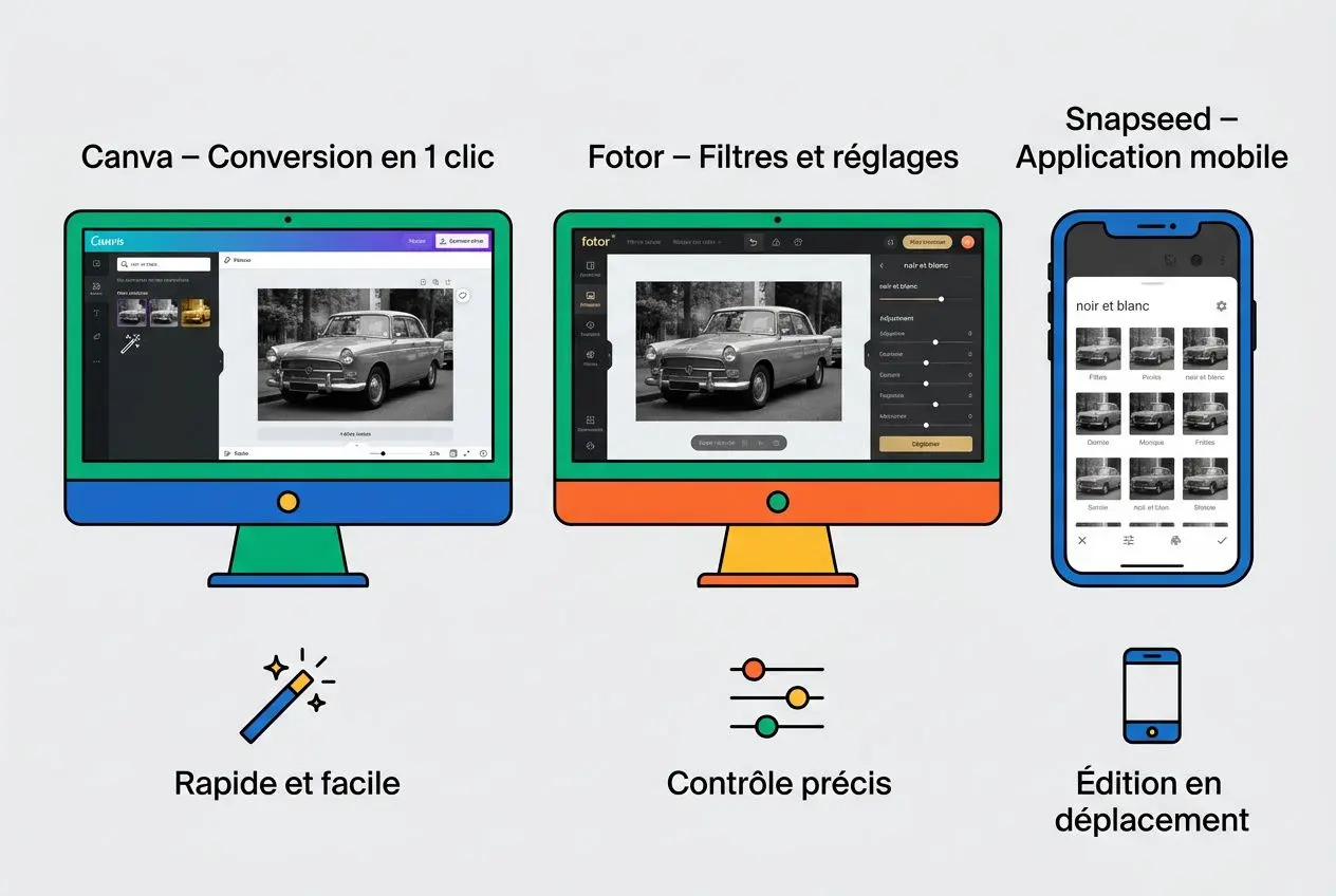 Guide rapide pour transformer une photo en noir et blanc avec Canva, Fotor ou Snapseed.