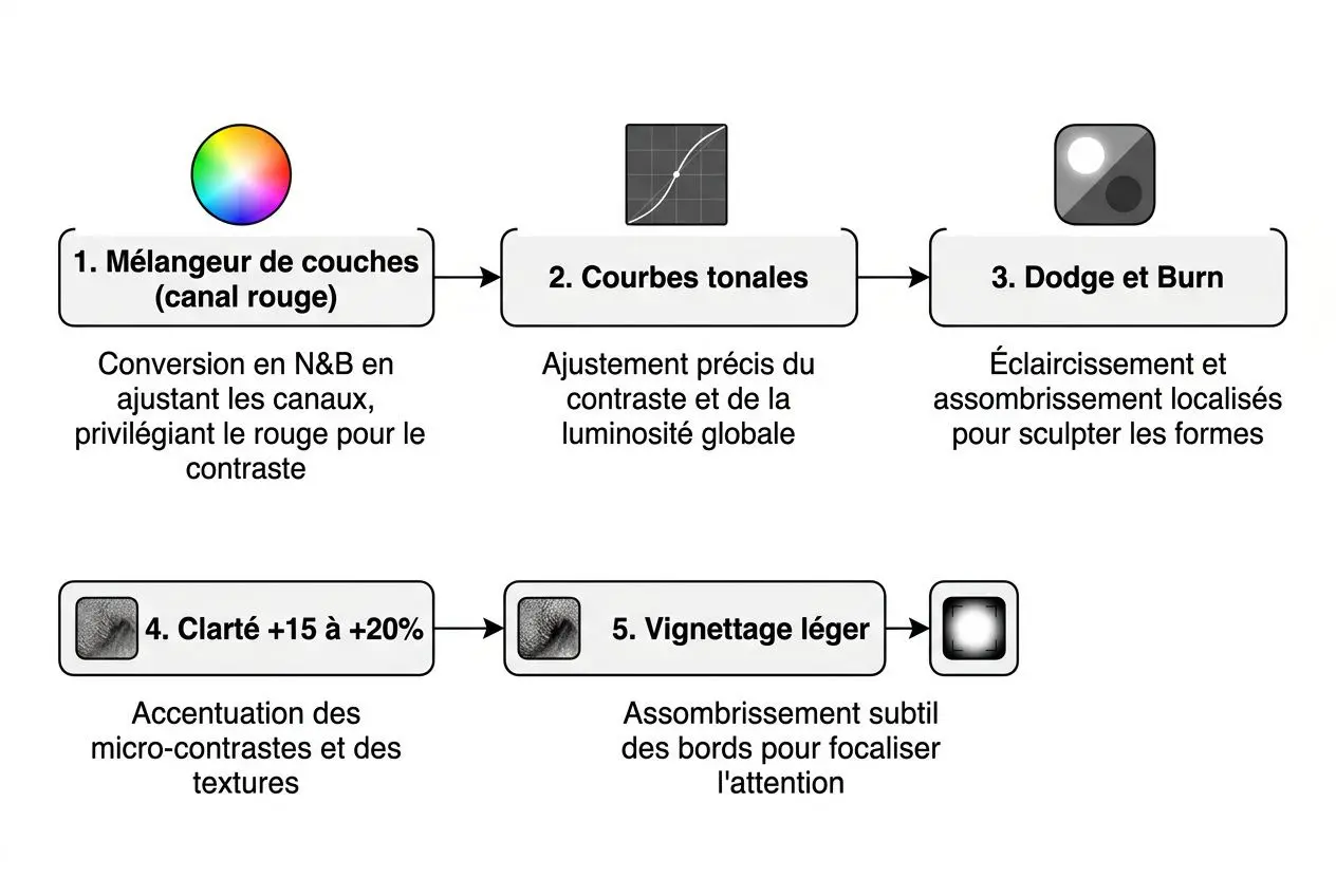 Schéma illustrant un processus de conversion en noir et blanc : mélangeur de couches, courbes tonales, dodge & burn, puis clarté +15 à +20% et vignetage léger pour focaliser l’attention.