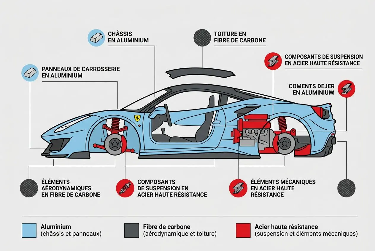 Schéma technique d’une Ferrari: coupe latérale montrant châssis en aluminium, éléments aérodynamiques en fibre de carbone et composants de suspension en acier haute résistance, avec roues et toit en fibre de carbone. design automobile ferrari intégré.