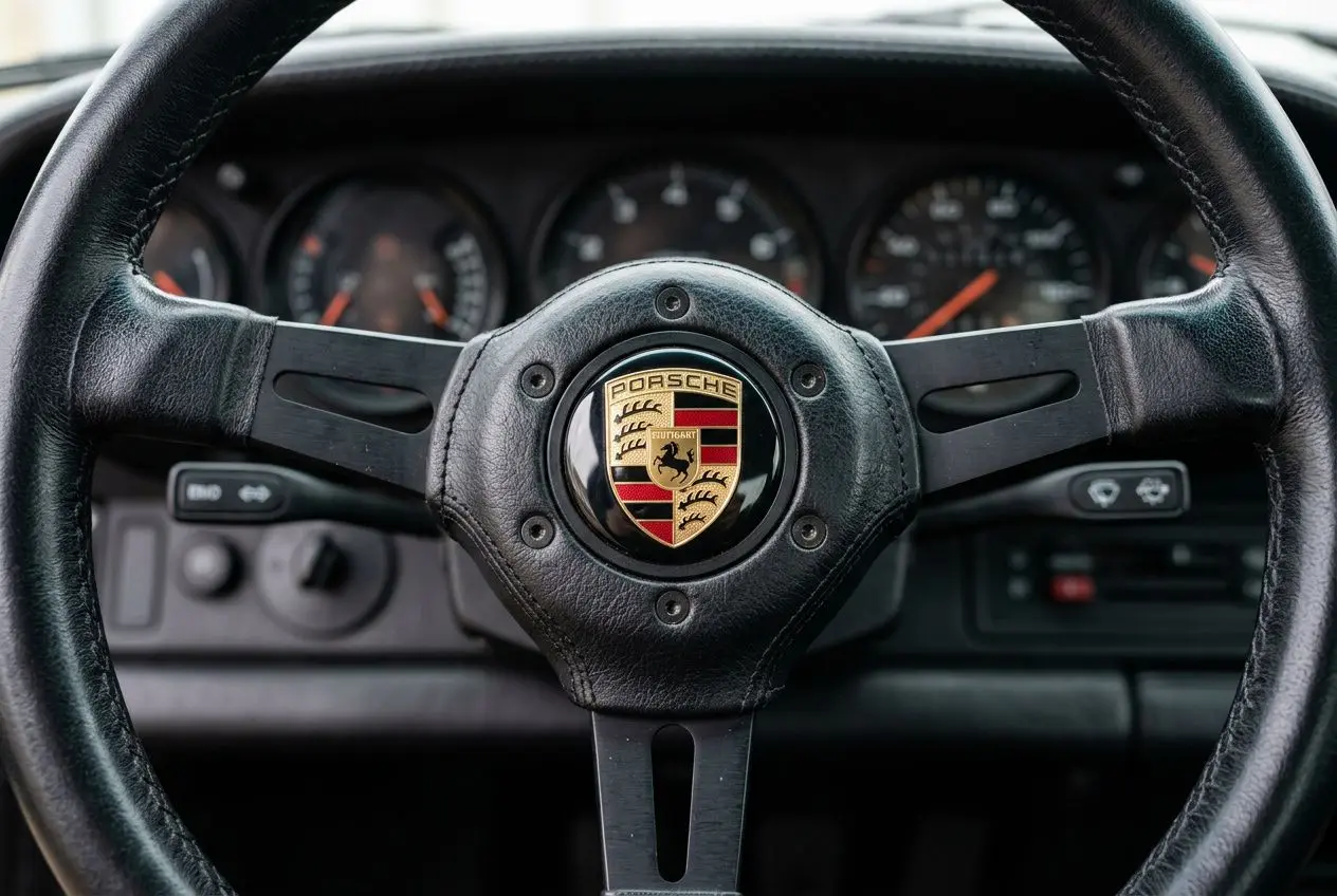Volant noir avec écusson Porsche au centre, détails du tableau de bord en arrière-plan visible derrière. Pourquoi le logo porsche est un cheval cabré intégré naturellement.