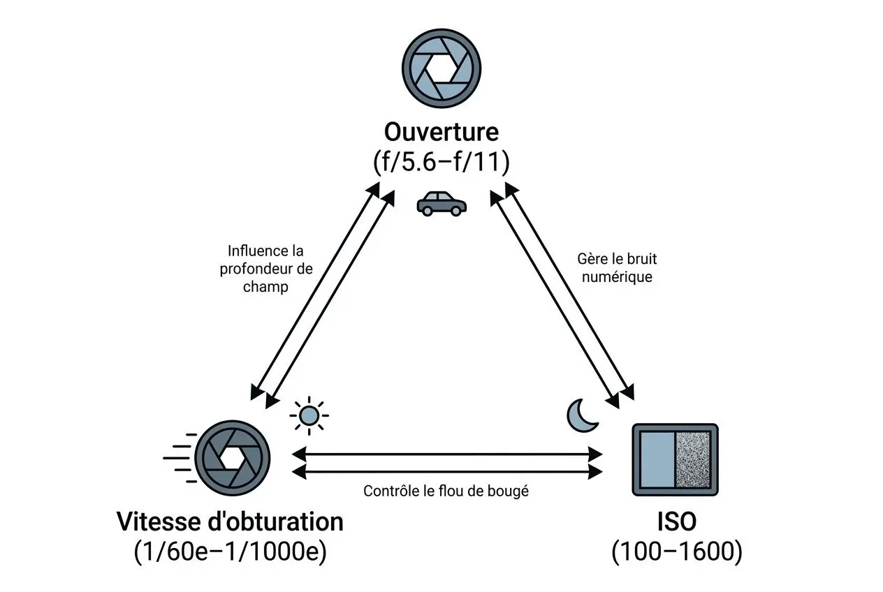 Diagramme explicatif sur les réglages photo: ouverture, vitesse d’obturation et ISO pour bien prendre une photo de voiture, avec icônes et flèches.
