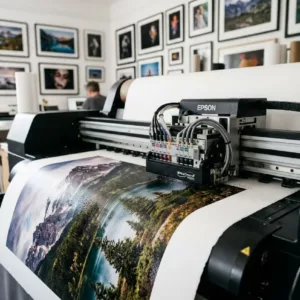 Impression giclée : c'est quoi ce procédé fine art numérique ? Large imprimante Epson produisant un tirage couleur vibrant, encres haute qualité et cadre photo en arrière-plan.