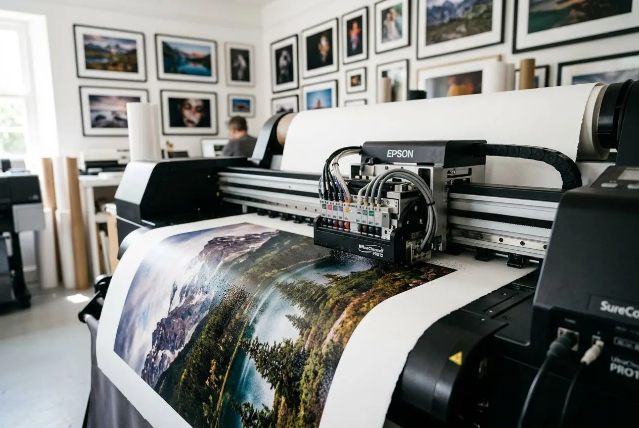 Impression giclée : c'est quoi ce procédé fine art numérique ? Large imprimante Epson produisant un tirage couleur vibrant, encres haute qualité et cadre photo en arrière-plan.