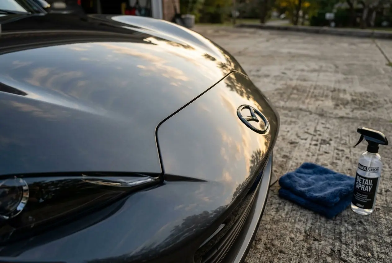 Voiture noire Lexus au premier plan, capot reflétant le ciel; produit de detailing et chiffon bleu à côté, prêt pour nettoyer. Sujet lié à comment prendre une photo de voiture.