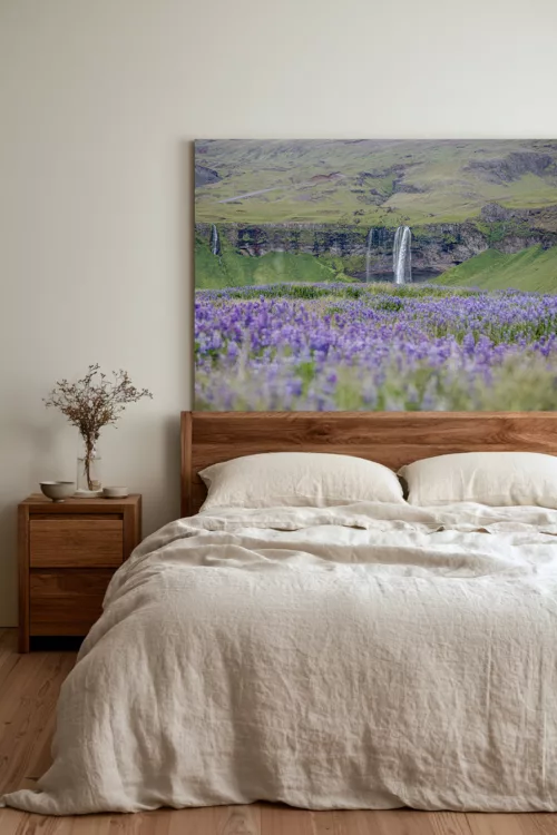 Wall Art seljandfoss bluebells Décoration murale photographie fine art cascade Seljalandsfoss Islande salon intérieur tableau grand format