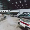 Porsche 911 Turbo and Piper Malibu, Hangar Light Porsche 911 Turbo blanche et 911 verte devant un Piper Malibu dans un hangar éclairé par des verrières - tableau photographique d'art