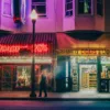 Photographie d’art de Broadway à San Francisco la nuit : enseigne rouge du Roaring 20’s, lampadaire allumé et passant en mouvement